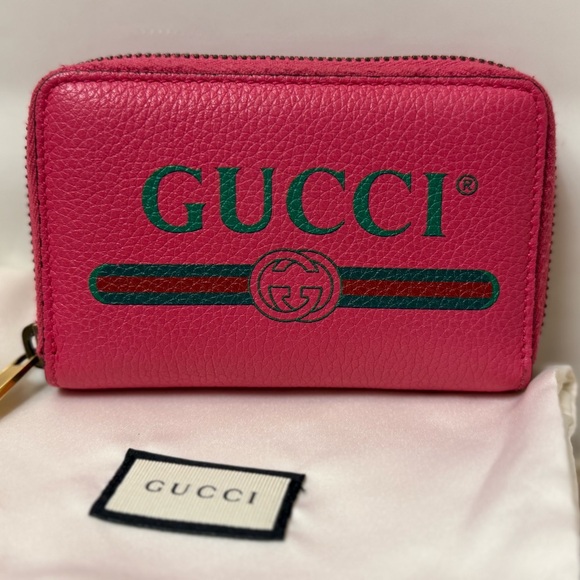 GUCCI Logo Wallet Coin Compartment Zip Around Leather Coin Purse- Pink - Picture 2 of 15